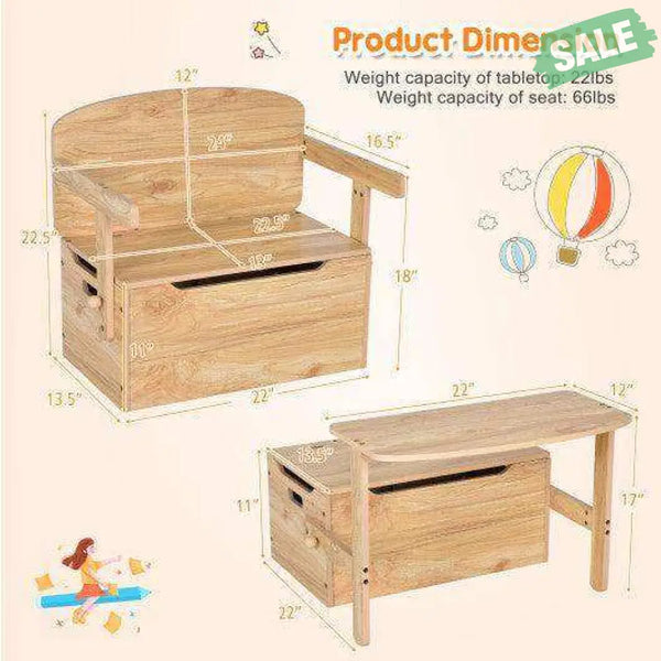3-in-1 Kids Convertible Storage Bench Wood Activity Table and Chair Set-White White Kids Table & Chair Sets