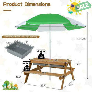 3-in-1 Kids Outdoor Picnic Water Sand Table with Umbrella Play Boxes-Green Green Kids Table & Chair Sets