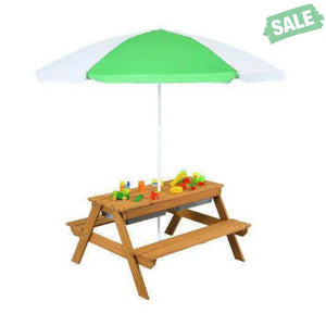 3-in-1 Kids Outdoor Picnic Water Sand Table with Umbrella Play Boxes-Green Green Kids Table & Chair Sets