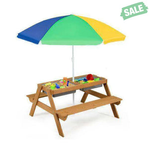 3-in-1 Kids Outdoor Picnic Water Sand Table with Umbrella Play Boxes-Green Green Kids Table & Chair Sets