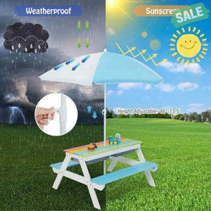 3-in-1 Kids Outdoor Picnic Water Sand Table with Umbrella Play Boxes-Green Green Kids Table & Chair Sets