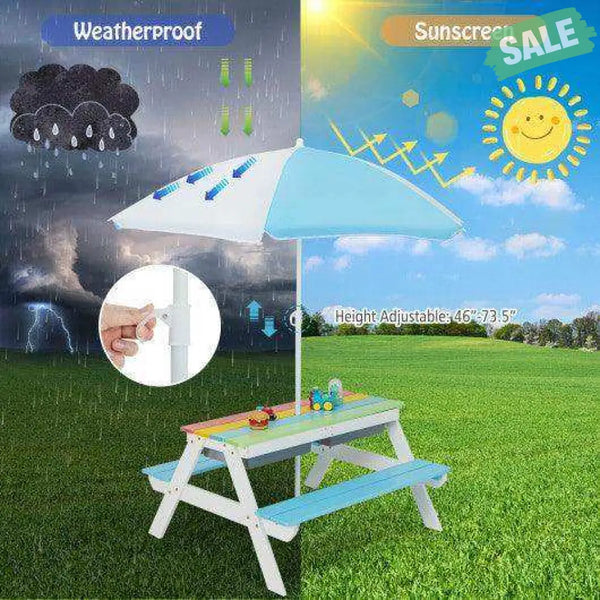3-in-1 Kids Outdoor Picnic Water Sand Table with Umbrella Play Boxes-Green Green Kids Table & Chair Sets