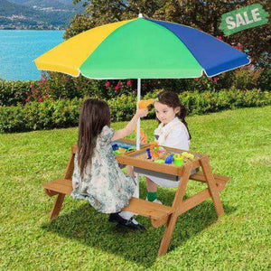 3-in-1 Kids Outdoor Picnic Water Sand Table with Umbrella Play Boxes-Green Green Kids Table & Chair Sets