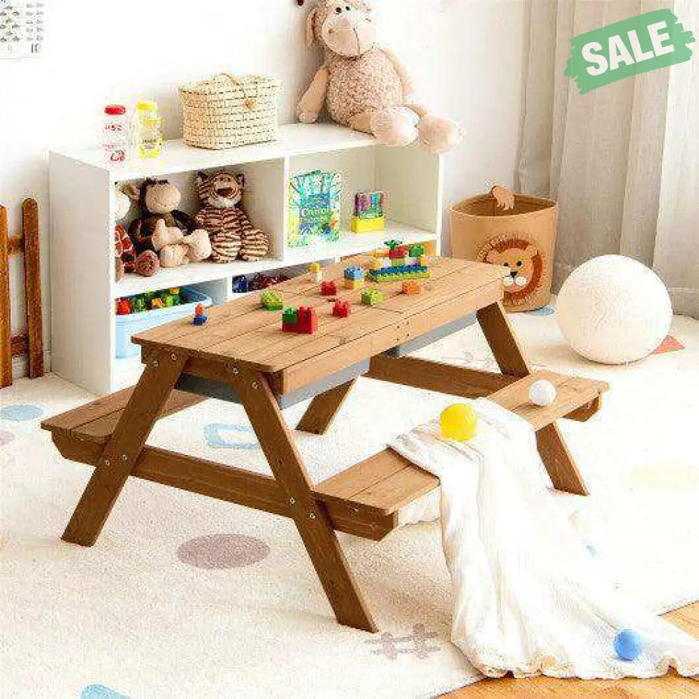 3-in-1 Kids Outdoor Picnic Water Sand Table with Umbrella Play Boxes-Green Green Kids Table & Chair Sets