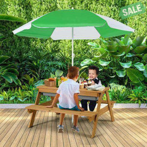 3-in-1 Kids Outdoor Picnic Water Sand Table with Umbrella Play Boxes-Green Green Kids Table & Chair Sets