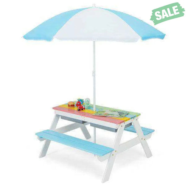 3-in-1 Kids Outdoor Picnic Water Sand Table with Umbrella Play Boxes-Green Green Kids Table & Chair Sets