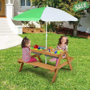 3-in-1 Kids Outdoor Picnic Water Sand Table with Umbrella Play Boxes-Green Green Kids Table & Chair Sets