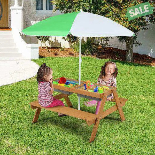 3-in-1 Kids Outdoor Picnic Water Sand Table with Umbrella Play Boxes-Green Green Kids Table & Chair Sets