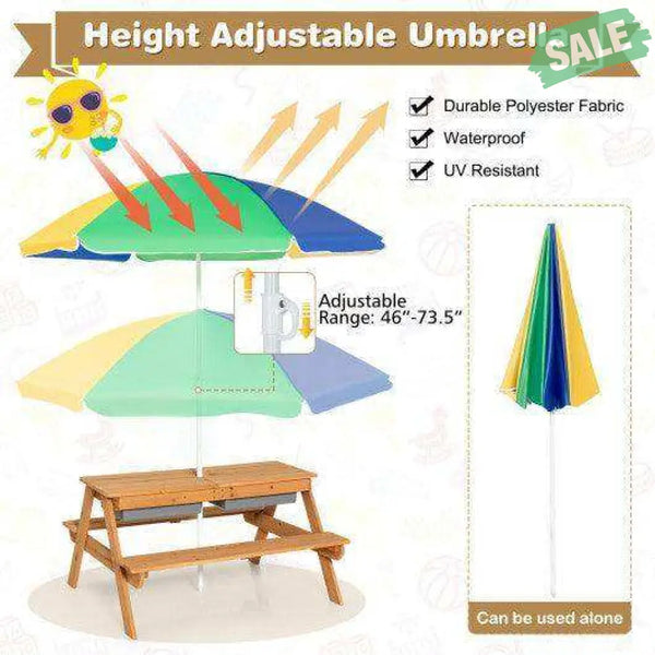 3-in-1 Kids Outdoor Picnic Water Sand Table with Umbrella Play Boxes-Green Green Kids Table & Chair Sets