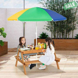 3-in-1 Kids Outdoor Picnic Water Sand Table with Umbrella Play Boxes-Green Green Kids Table & Chair Sets