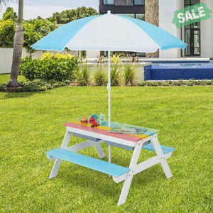 3-in-1 Kids Outdoor Picnic Water Sand Table with Umbrella Play Boxes-Green Green Kids Table & Chair Sets