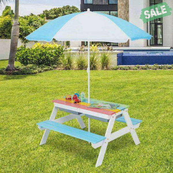 3-in-1 Kids Outdoor Picnic Water Sand Table with Umbrella Play Boxes-Green Green Kids Table & Chair Sets