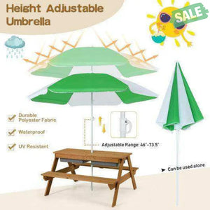3-in-1 Kids Outdoor Picnic Water Sand Table with Umbrella Play Boxes-Green Green Kids Table & Chair Sets