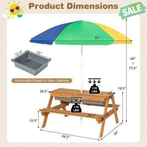 3-in-1 Kids Outdoor Picnic Water Sand Table with Umbrella Play Boxes-Green Green Kids Table & Chair Sets