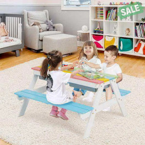 3-in-1 Kids Outdoor Picnic Water Sand Table with Umbrella Play Boxes-Green Green Kids Table & Chair Sets