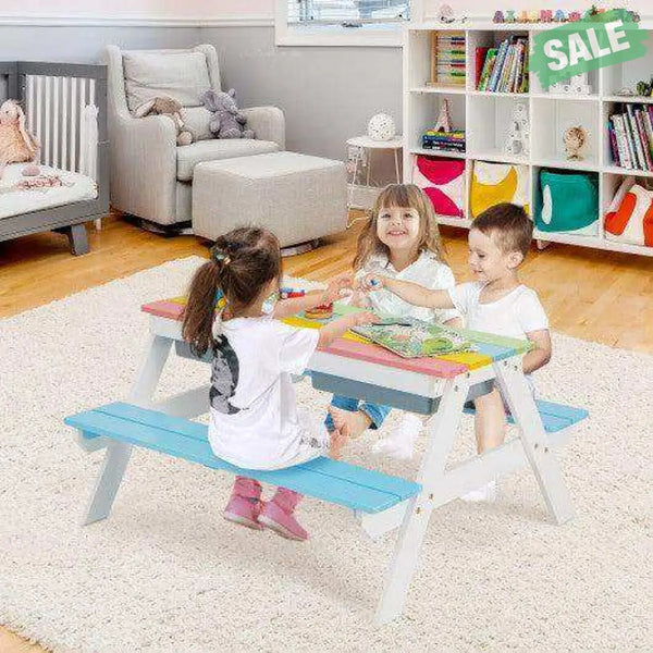 3-in-1 Kids Outdoor Picnic Water Sand Table with Umbrella Play Boxes-Green Green Kids Table & Chair Sets