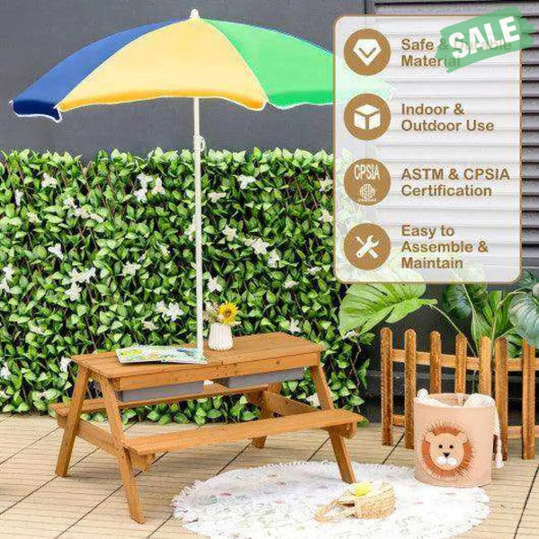 3-in-1 Kids Outdoor Picnic Water Sand Table with Umbrella Play Boxes-Green Green Kids Table & Chair Sets
