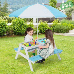 3-in-1 Kids Outdoor Picnic Water Sand Table with Umbrella Play Boxes-Green Green Kids Table & Chair Sets