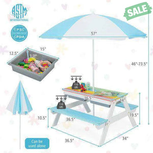 3-in-1 Kids Outdoor Picnic Water Sand Table with Umbrella Play Boxes-Green Green Kids Table & Chair Sets