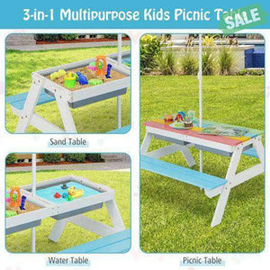 3-in-1 Kids Outdoor Picnic Water Sand Table with Umbrella Play Boxes-Green Green Kids Table & Chair Sets