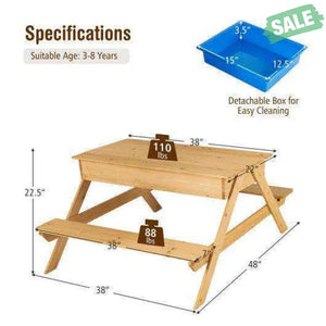 3-in-1 Kids Picnic Table Wooden Outdoor Water Sand Table with Play Boxes Kids Table & Chair Sets