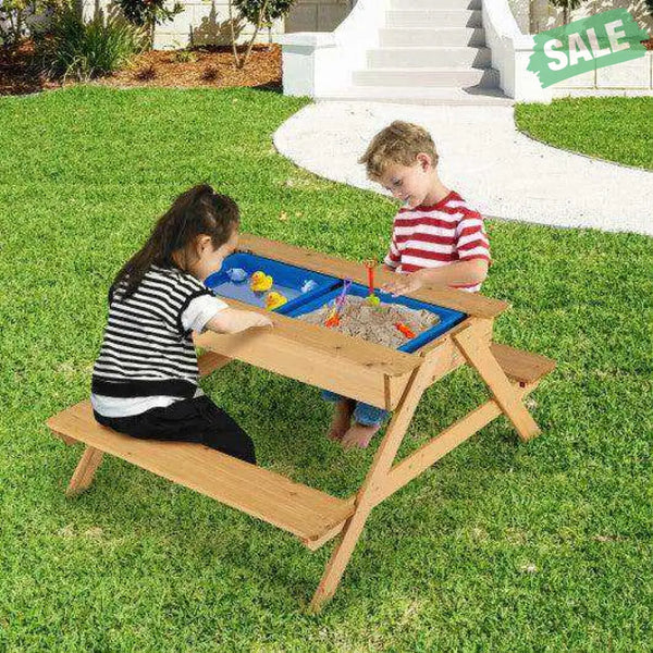 3-in-1 Kids Picnic Table Wooden Outdoor Water Sand Table with Play Boxes Kids Table & Chair Sets