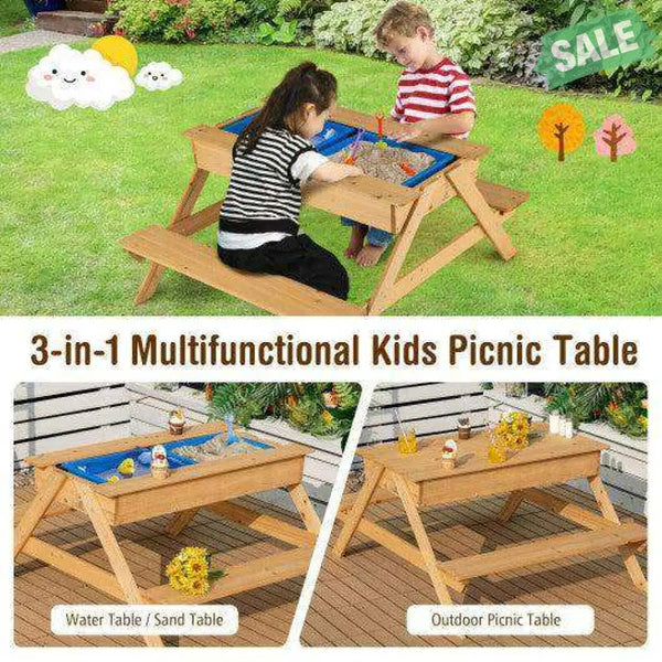 3-in-1 Kids Picnic Table Wooden Outdoor Water Sand Table with Play Boxes Kids Table & Chair Sets