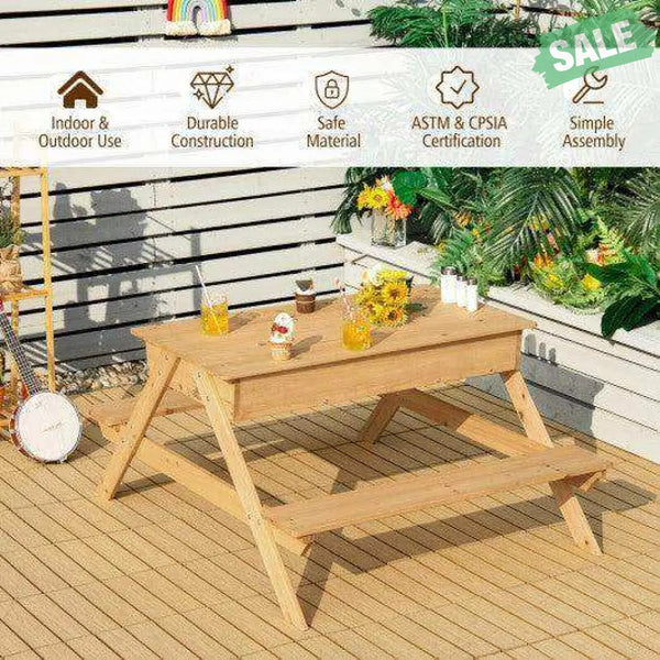 3-in-1 Kids Picnic Table Wooden Outdoor Water Sand Table with Play Boxes Kids Table & Chair Sets