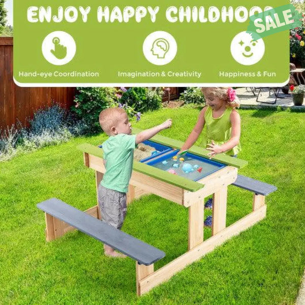 3-in-1 Outdoor Wooden Kids Water Sand Table with Play Boxes Kids Table & Chair Sets