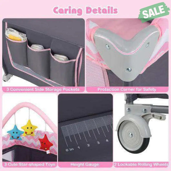 3-in-1 Portable Baby Playard with Zippered Door and Toy Bar-Pink