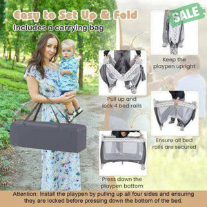 3-in-1 Portable Baby Playard with Zippered Door and Toy Bar-Gray