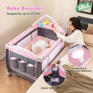 3-in-1 Portable Baby Playard with Zippered Door and Toy Bar-Pink