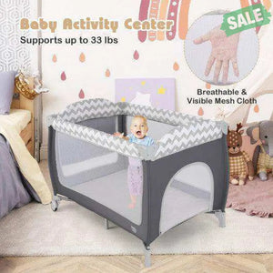 3-in-1 Portable Baby Playard with Zippered Door and Toy Bar-Gray