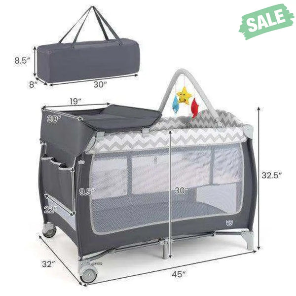 3-in-1 Portable Baby Playard with Zippered Door and Toy Bar-Gray