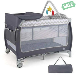 3-in-1 Portable Baby Playard with Zippered Door and Toy Bar-Gray