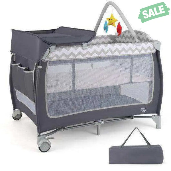 3-in-1 Portable Baby Playard with Zippered Door and Toy Bar-Gray