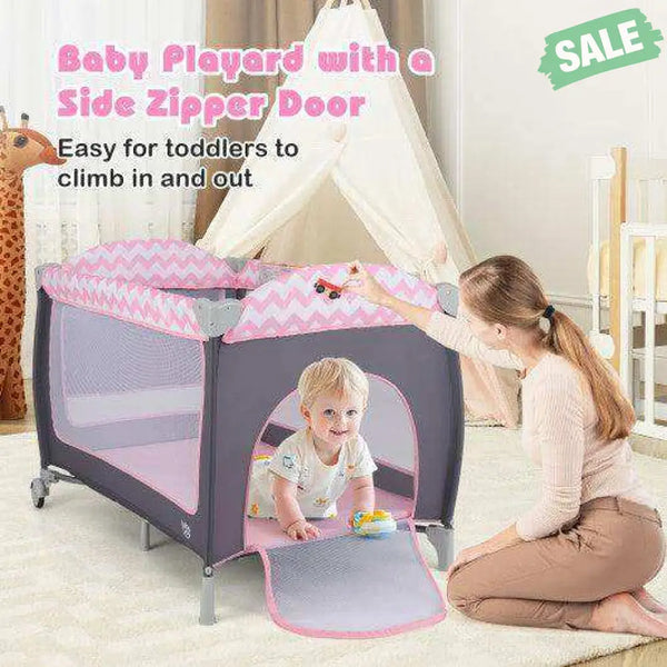 3-in-1 Portable Baby Playard with Zippered Door and Toy Bar-Pink