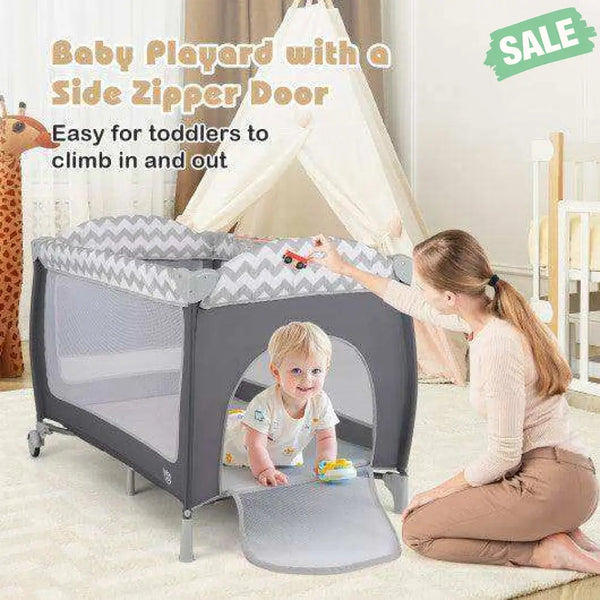 3-in-1 Portable Baby Playard with Zippered Door and Toy Bar-Gray