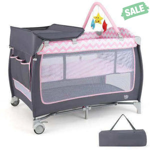 3-in-1 Portable Baby Playard with Zippered Door and Toy Bar-Pink