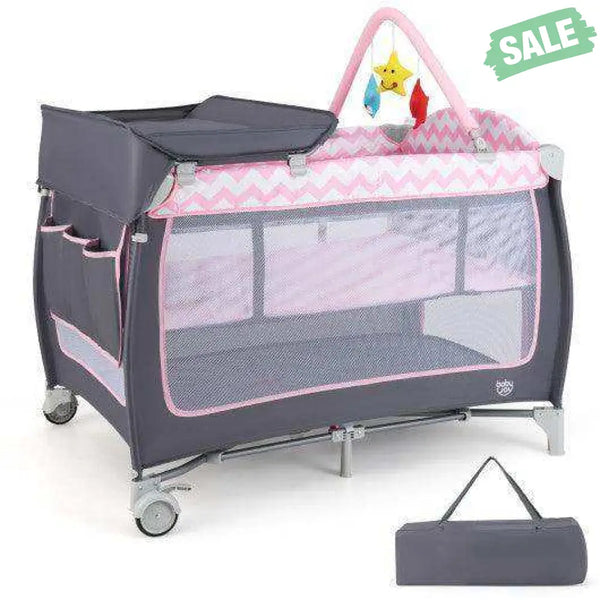 3-in-1 Portable Baby Playard with Zippered Door and Toy Bar-Pink