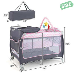 3-in-1 Portable Baby Playard with Zippered Door and Toy Bar-Pink