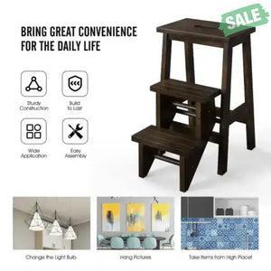3-in-1 Rubber Wood Step Stool with Convenient Handle-Brown Brown Toddler & Kids Furniture