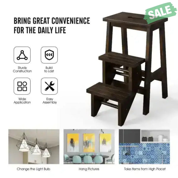 3-in-1 Rubber Wood Step Stool with Convenient Handle-Brown Brown Toddler & Kids Furniture