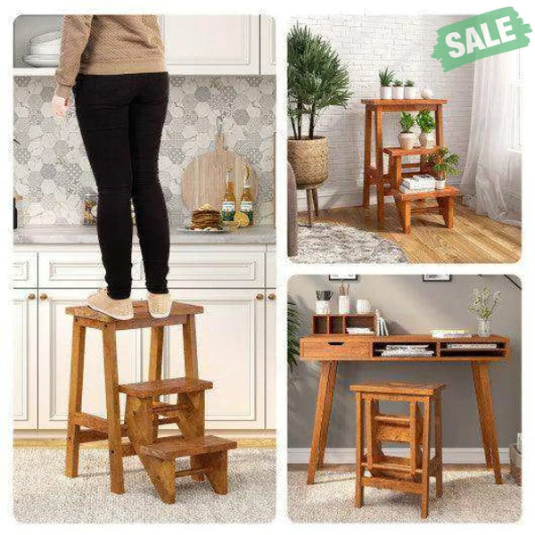 3-in-1 Rubber Wood Step Stool with Convenient Handle-Brown Brown Toddler & Kids Furniture