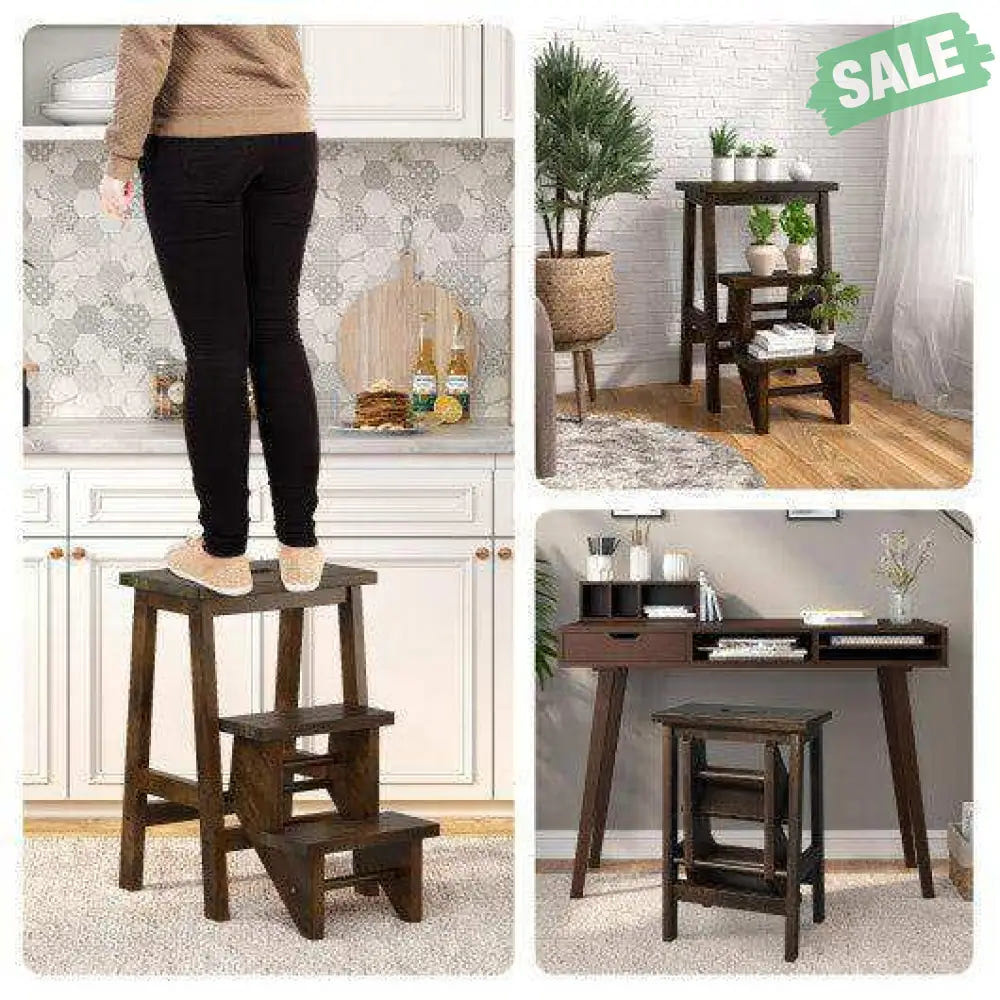 3-in-1 Rubber Wood Step Stool with Convenient Handle-Brown Brown Toddler & Kids Furniture