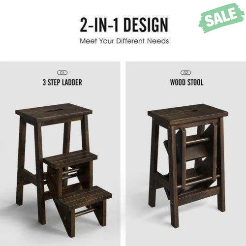3-in-1 Rubber Wood Step Stool with Convenient Handle-Brown Brown Toddler & Kids Furniture