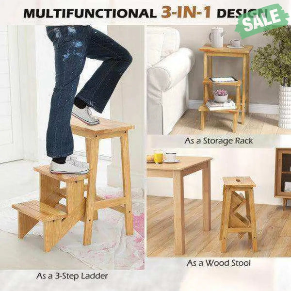 3-in-1 Rubber Wood Step Stool with Convenient Handle-Brown Brown Toddler & Kids Furniture