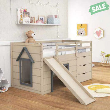 3-In-1 Twin Loft Bed with Slide Ladder Drawers for Kids Teens-Beige