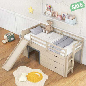3-In-1 Twin Loft Bed with Slide Ladder Drawers for Kids Teens-Beige Toddler Beds