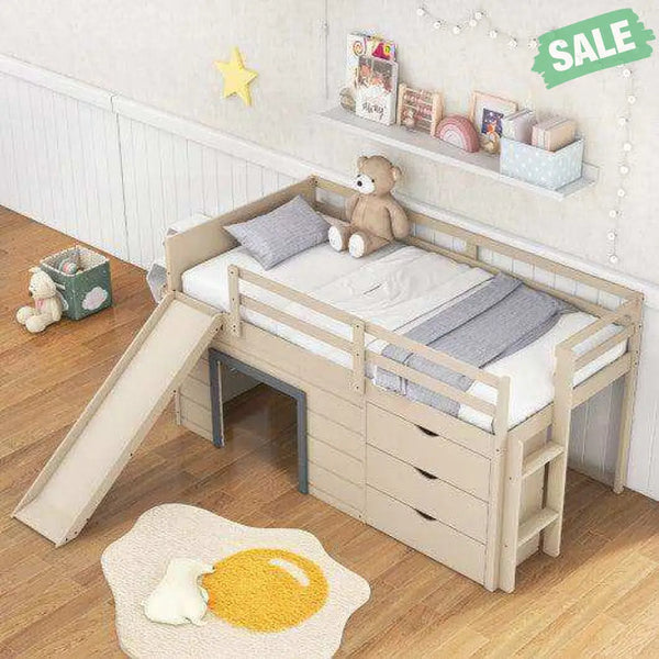 3-In-1 Twin Loft Bed with Slide Ladder Drawers for Kids Teens-Beige Toddler Beds